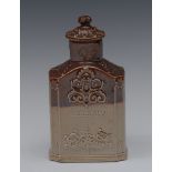 A 19th century brown salt glazed stoneware tea caddy and cover, inscribed Black Tea and Green Tea,