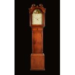 A Regency oak longcase clock, arched painted dial with bucolic scene of a shepherdess with child,