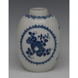 A Worcester Flower and Wreath pattern bowed cylindrical tea canister, printed in underglaze blue,