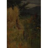 Sir Alfred East (1849 - 1913) The Harvest signed, oil on board, 28cm x 20cm Label to verso,