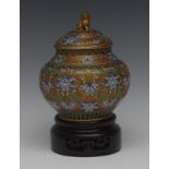 A Chinese Cloisonne vase and cover, with stylised lotus, foliage and scrolls, in coloured enamels,