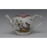 A Meissen bullet shaped teapot and cover, painted with birds and insects,