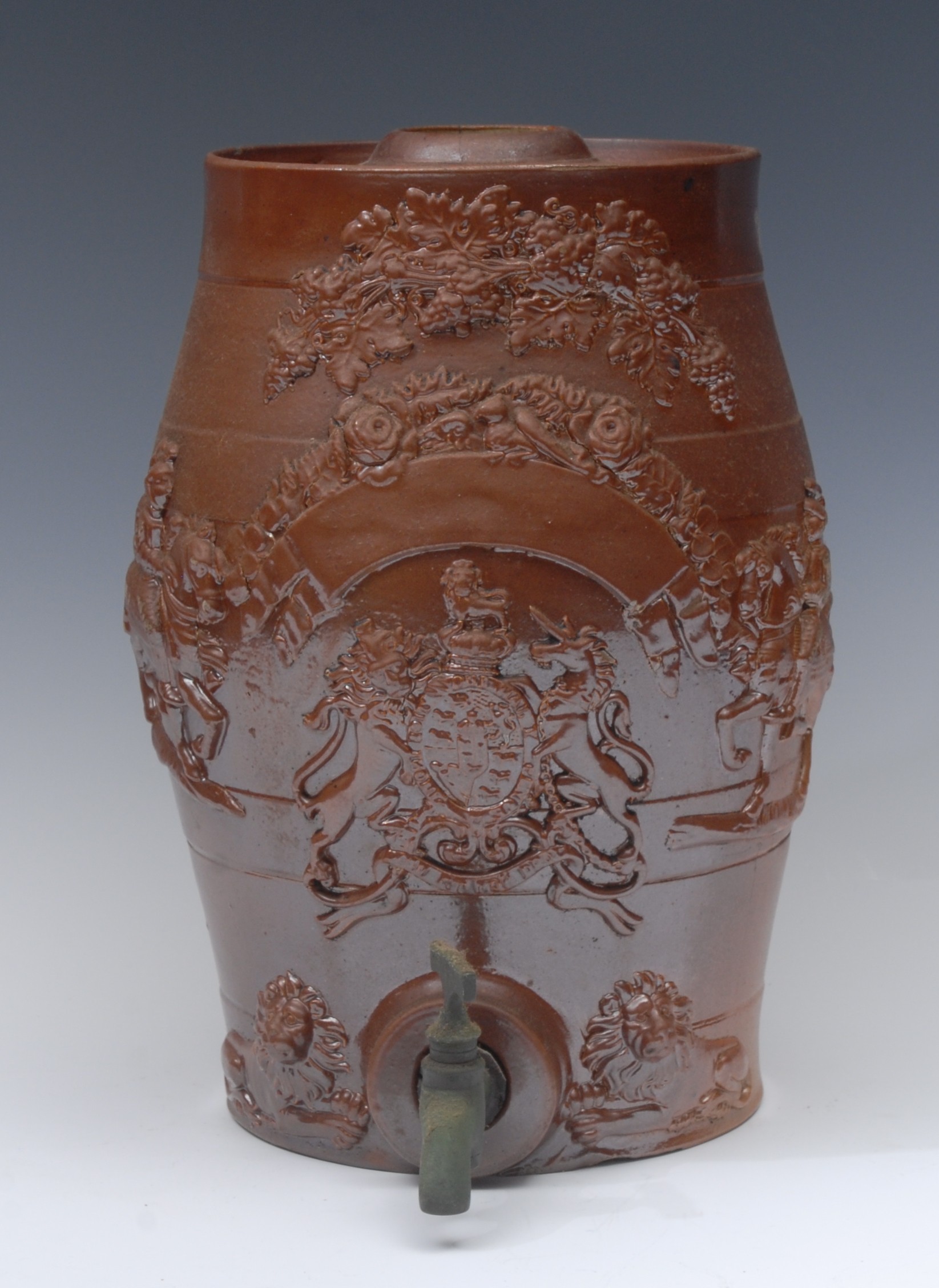 A 19th century Brampton brown salt glaze stone ware spirit-barrel, of cylindrical form,