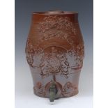 A 19th century Brampton brown salt glaze stone ware spirit-barrel, of cylindrical form,