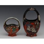 A Japanese Sumida Gawa ware basket, in relief with three figures, in heavy orange-red, blue, brown,