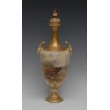 A Royal Worcester two-handled pedestal ovoid vase and cover, painted by Stinton,