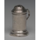 A George IV silver cylindrical kitchen pepper, pierced bun shaped cover, scroll handle,