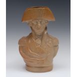 A 19th century brown salt glazed stoneware Lord Nelson bust jug, in military dress,