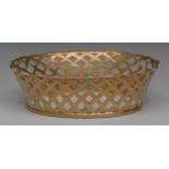 A Derby flared oval pierced basket, picked out in gilt, 21cm diam, crown,