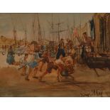 Continental School (early 20th century) The Quayside Fight indistinctly signed, watercolour, 21.