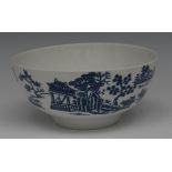 A Worcester The Man in the Pavilion pattern circular bowl, printed with pagoda, pine trees,