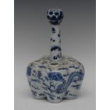 A Chinese blue and white bulb vase, decorated in underglaze blue with scrolling dragon, 26cm high,