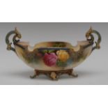 A Royal Worcester boat shaped two-handled flower trough, painted with English roses,