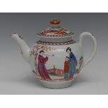 A Worcester globular teapot and cover, decorated in polychrome with a chinoiserie scene,