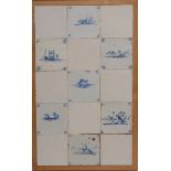 A set of fifteen Delft tiles, seven decorated in underglaze blue, with buildings,
