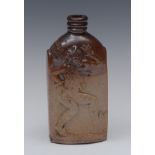 A 19th century brown salt glazed stoneware flask, moulded in relief comical man,
