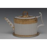 A Derby Hamilton Flute oval teapot, cover and stand, banded in gilt with with stylised foliage, 16.