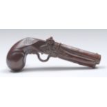 A 19th century brown salt glazed stoneware novelty flask, as a flintlock pistol, 22cm long,