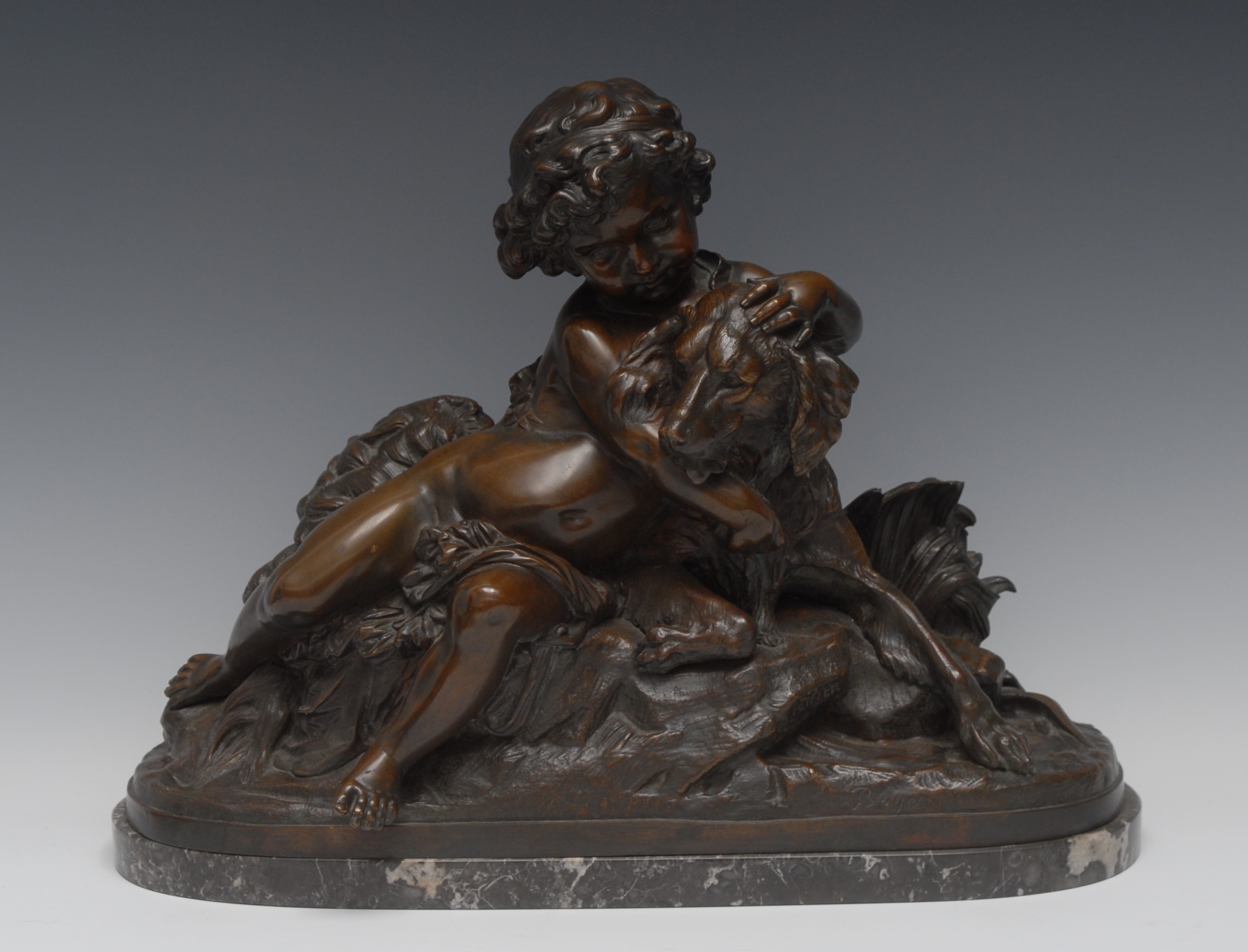 Boyes (19th century), a brown patinated bronze, Faithfulness, a scantily clad putto and a dog,