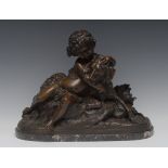 Boyes (19th century), a brown patinated bronze, Faithfulness, a scantily clad putto and a dog,