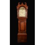 An early Victorian long case clock, the painted arched dial painted with country house,