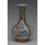 A Chinese Cantonese bottle vase, decorated with panels of script, figures, mons and flowers,