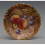 A Royal Worcester shaped circular dish, painted by Moseley, signed, with peaches and blueberries,