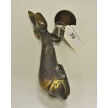 An early 20th century Maltese door knocker, as a stylized fish/dolphin, inscribed Cutajar Works,