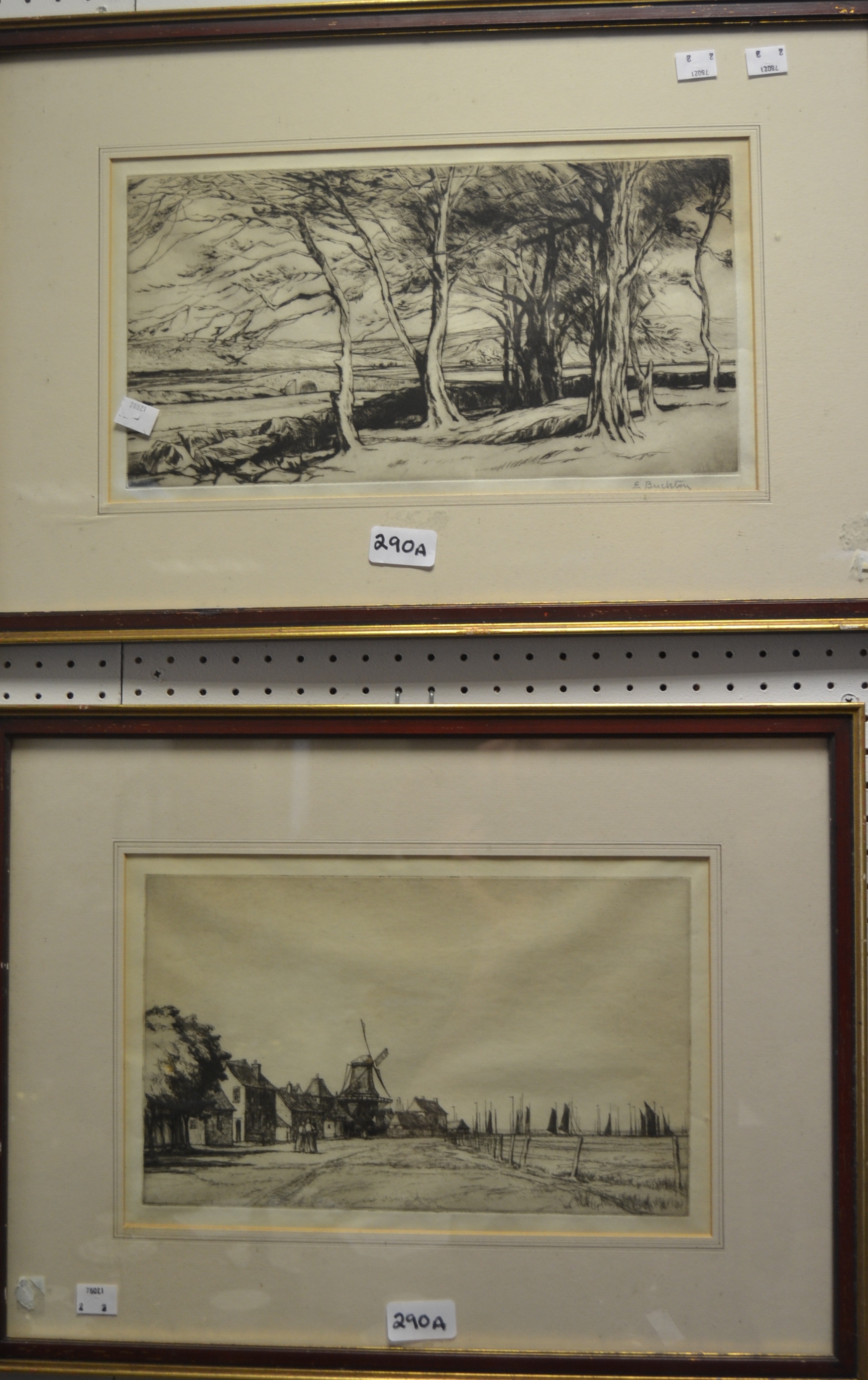 Eveleen Buckton, by and after, a pair, Windmill and Trees, monochrome etching,