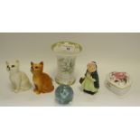 A Royal Doulton Sairey Gamp figure; a Beswick model of a cat; another similar , Royal Doulton; etc.