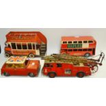 Toys - a contemporary tin plate open-top double-decker bus; a Mini Cooper with a Union Jack roof;