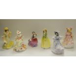 Royal Doulton figures - Primrose HN3710; Spring Posy HN2916; Autumn Breezes HN4716; Rose HN3709;