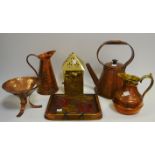 Copper and Brass - a copper kettle; a hammered copper bowl on a stand; a copper jug;