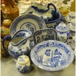 Blue and White Ceramics - a Staffordshire blue and white ewer; foot bath;