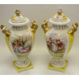 A pair of Dresden vases decorated with alternating panels printed with classical figures on yellow