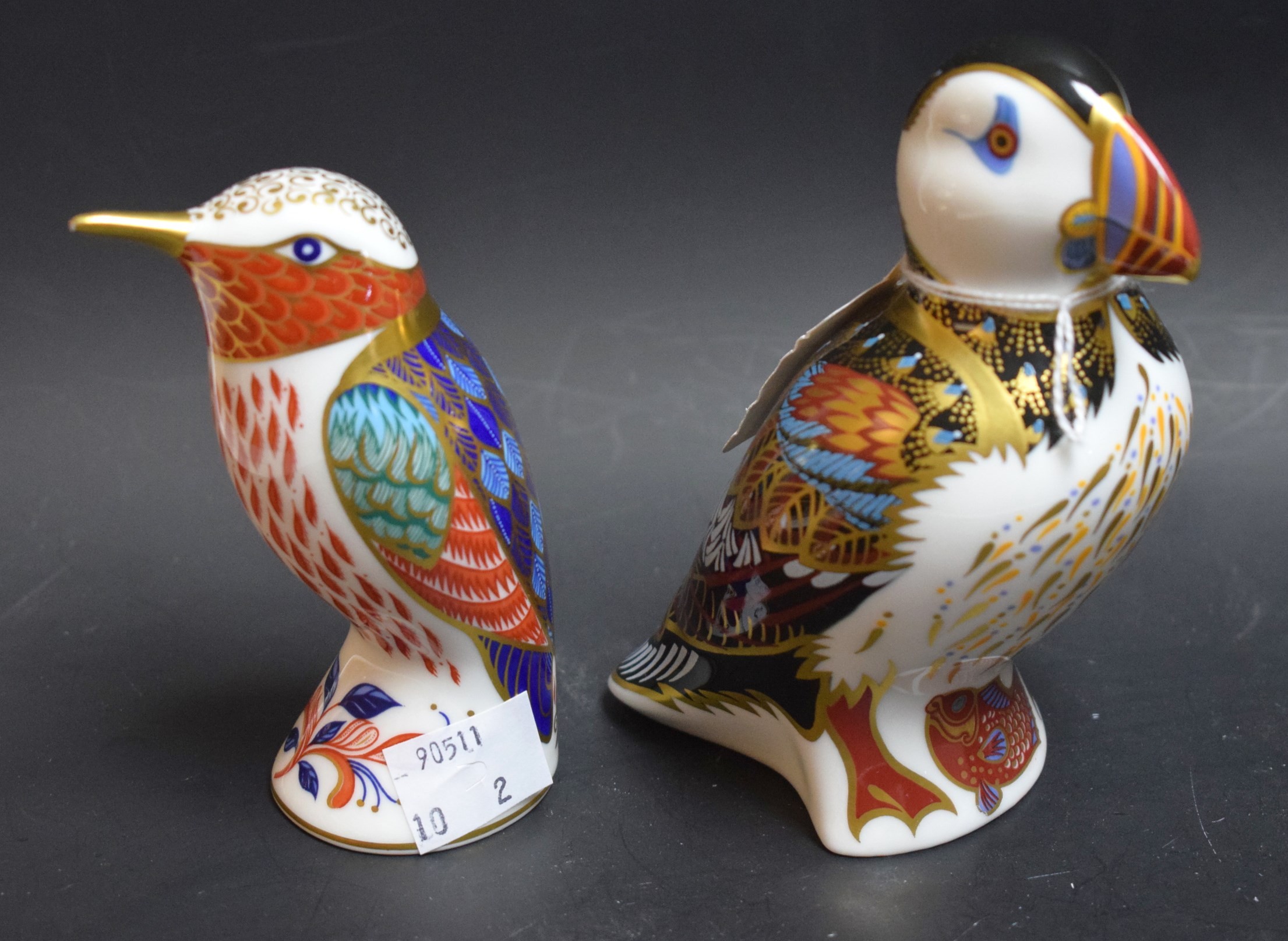 A Royal Crown Derby paperweight, Puffin, gold stopper; another, Kingfisher,