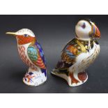 A Royal Crown Derby paperweight, Puffin, gold stopper; another, Kingfisher,