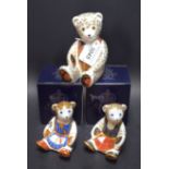 A Royal Crown Derby paperweight, Shona Bear, gold stopper, boxed; others, Schoolgirl Teddy,