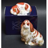 A Royal Crown Derby paperweight, Cavalier King Charles Spaniel, gold stopper, boxed; another, Puppy,