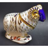 A Royal Crown Derby paperweight, Ram, silver stopper,