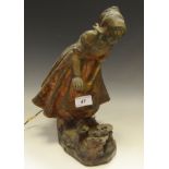 A French bronze figural lamp base cast in the form of Dutch girl, impressed signature to base,