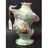 A Derby Patch Mark cartouche shaped vase, painted with fanciful birds in colours,