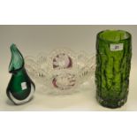 Glassware - a Whitefriars-type green bark pattern vase; a pressed and cut glass bowl,