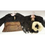 Ladies Accessories - an Art Deco Cosprops feathered headdress; a crocodile leather handbag,