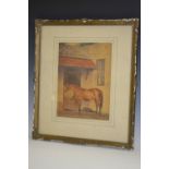 English School (19th century) Horse in a Stable Yard initialled LKC, watercolour,