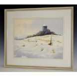 Claude Murrell (contemporary) FBDS, FRSA Sussex Windmill Snowscape signed, label verso, watercolour,