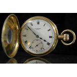 A J W Benson 9ct gold half hunter pocket watch, white dial, bold Roman numerals, minute track,