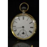 Omega - a 14ct gold open face pocket watch, white, enamel dial, Roman numerals, blued hand,