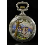 An unusually large erotic dial pocket watch, painted circular dial of a ménage à trois under a tree,