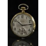 An Elgin Ramona gold plated open faced pocket watch, silvered Art Deco dial, Arabic numerals,